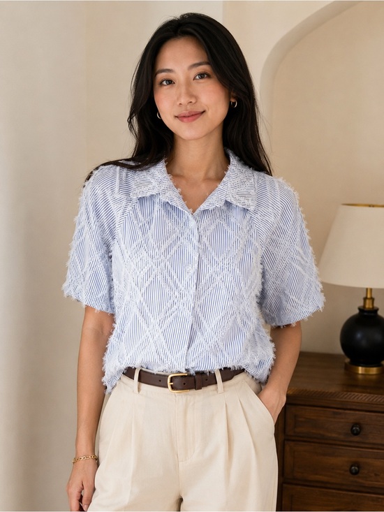 Ali Miles Tops - Ali Miles Light Blue Striped Fringe Short-Sleeve Button-Down Shirt